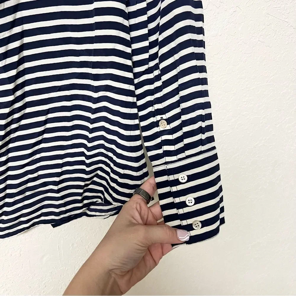 J. Crew Womens Size 0 Navy Cream Striped 100% Silk The Boy Shirt Button Down